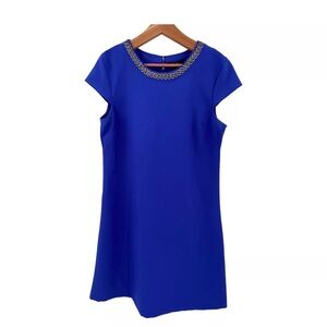 Jessica Simpson Blue Shift Dress with Cap Sleeve and Beaded Collar, Size 6
